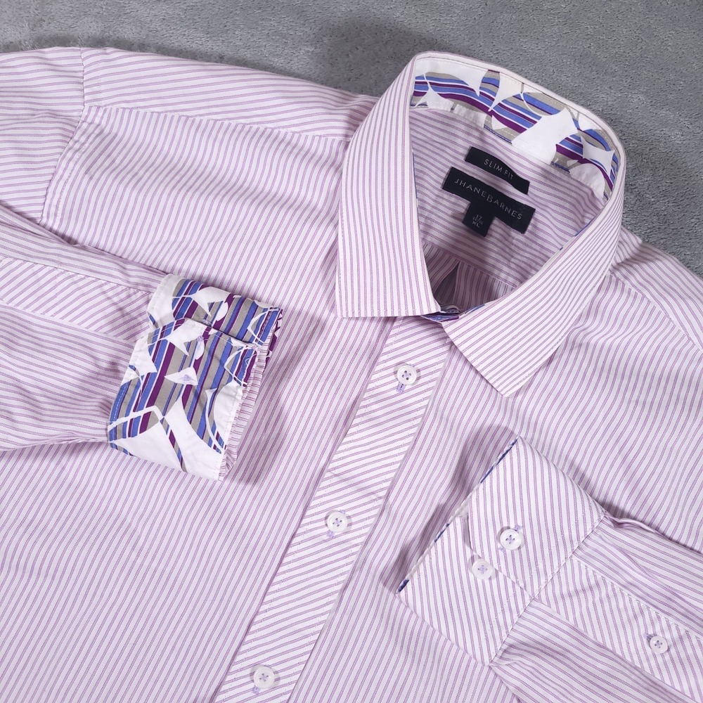 Jhane Barnes Shirt Mens 17 XL Pink White Striped Classic Fit Flip Cuff‎ Dress